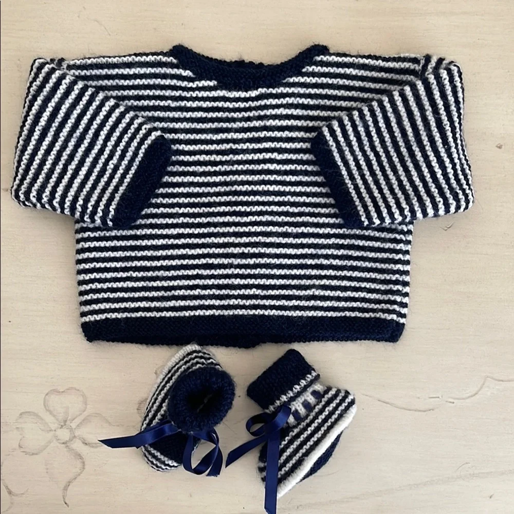 Hand Knit Striped Navy and White Baby Sweater with Booties
